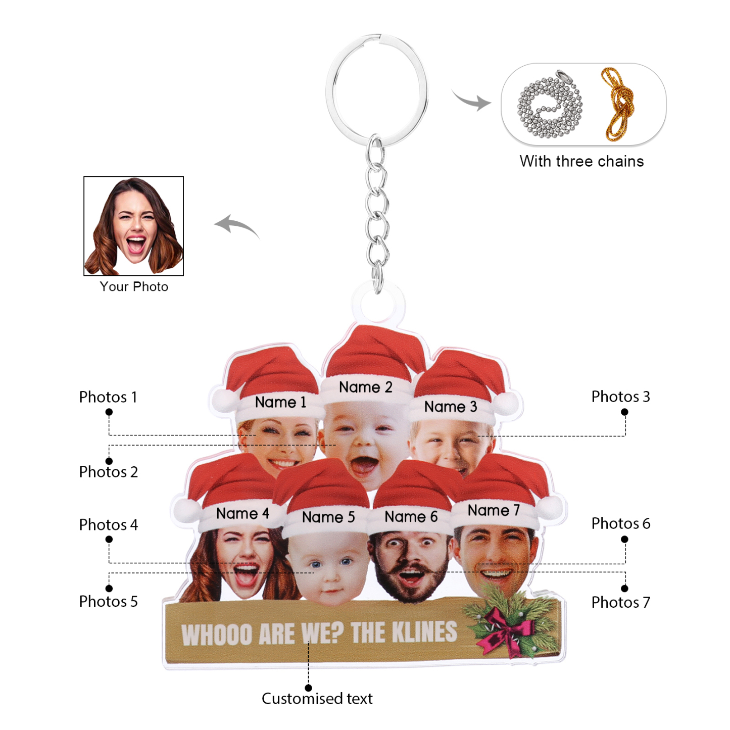 Acrylic Christmas Keychain Custom 7 Photos & 7 Names & 1 Text Hanging Ornaments Personalised Keyring for Family Friends | Jessemade-Jessemade AU