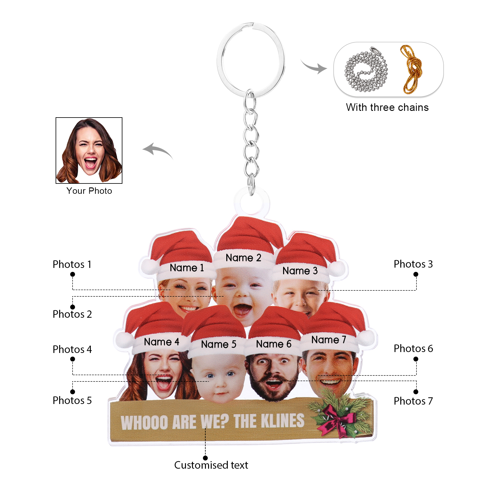 Acrylic Christmas Keychain Custom 7 Photos & 7 Names & 1 Text Hanging Ornaments Personalised Keyring for Family Friends | Jessemade-Jessemade AU
