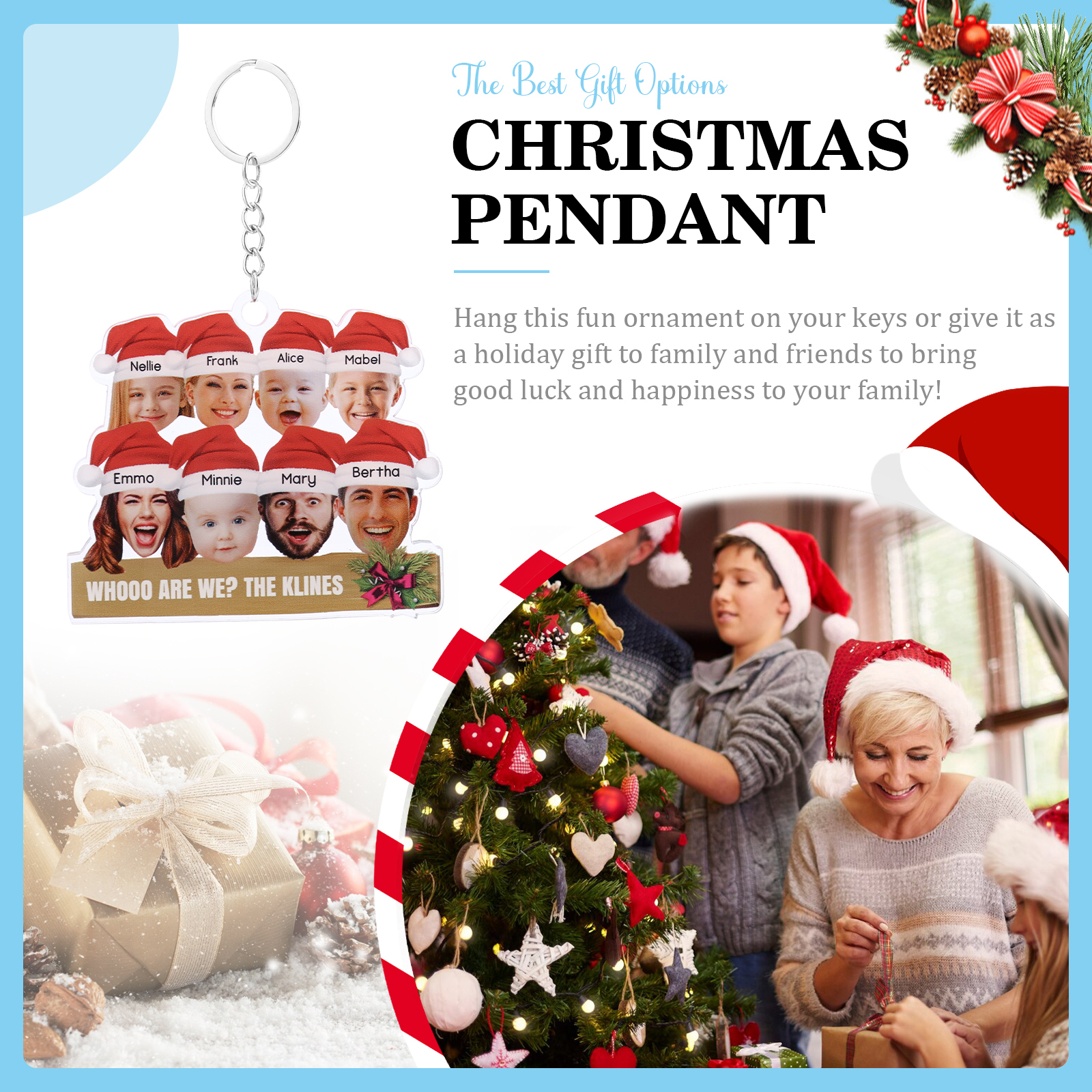 Acrylic Christmas Keychain Custom 8 Photos & 8 Names & 1 Text Hanging Ornaments Personalised Keyring for Family Friends | Jessemade-Jessemade AU