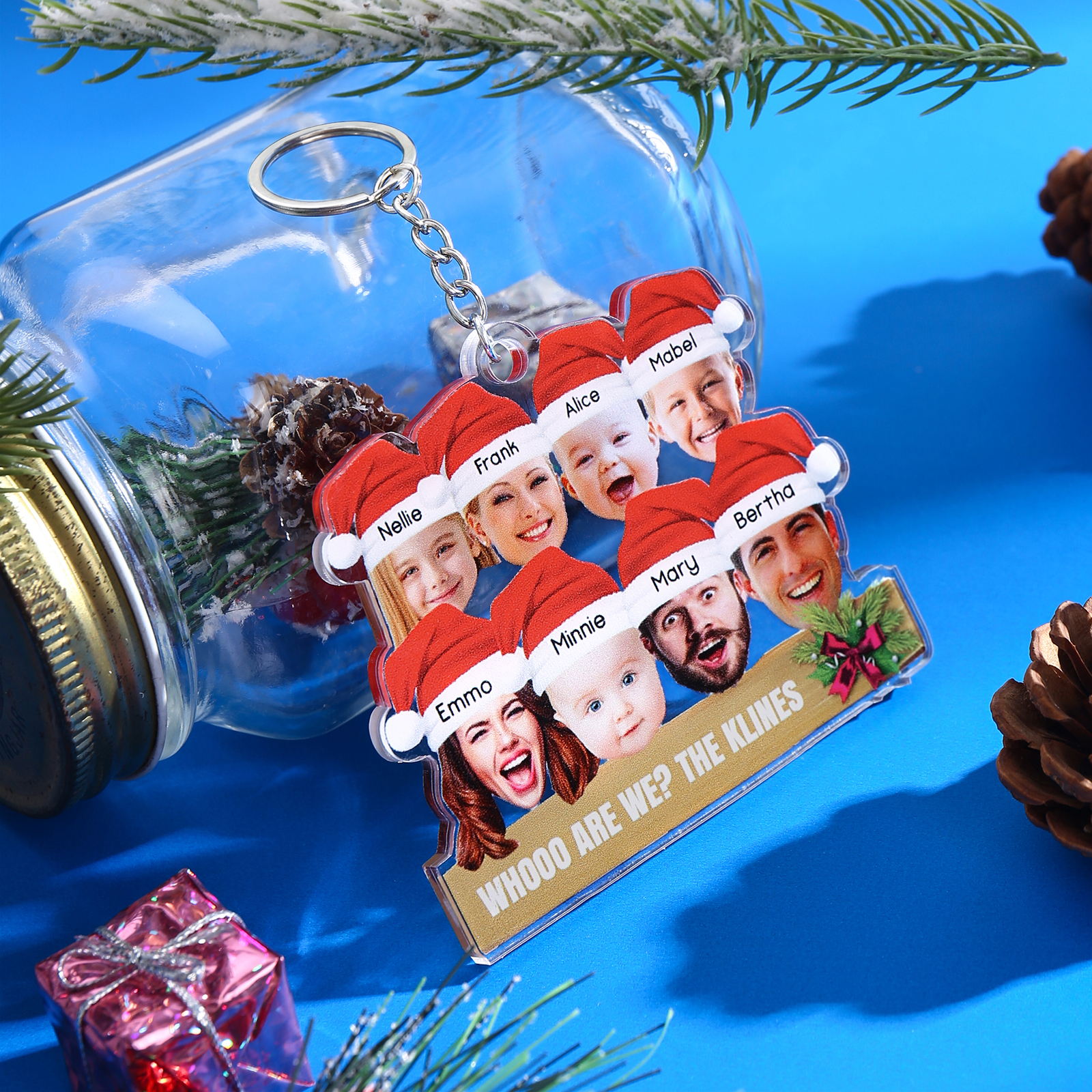 Acrylic Christmas Keychain Custom 8 Photos & 8 Names & 1 Text Hanging Ornaments Personalised Keyring for Family Friends | Jessemade-Jessemade AU
