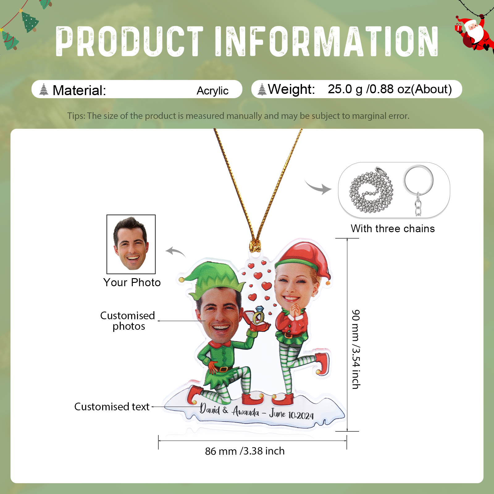 Acrylic Christmas Keychain Custom 2 Photos & 1 Text Hanging Ornaments Personalised Keyring for Couple | Jessemade-Jessemade AU