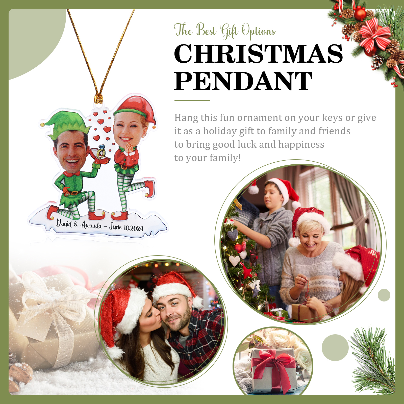 Acrylic Christmas Keychain Custom 2 Photos & 1 Text Hanging Ornaments Personalised Keyring for Couple | Jessemade-Jessemade AU