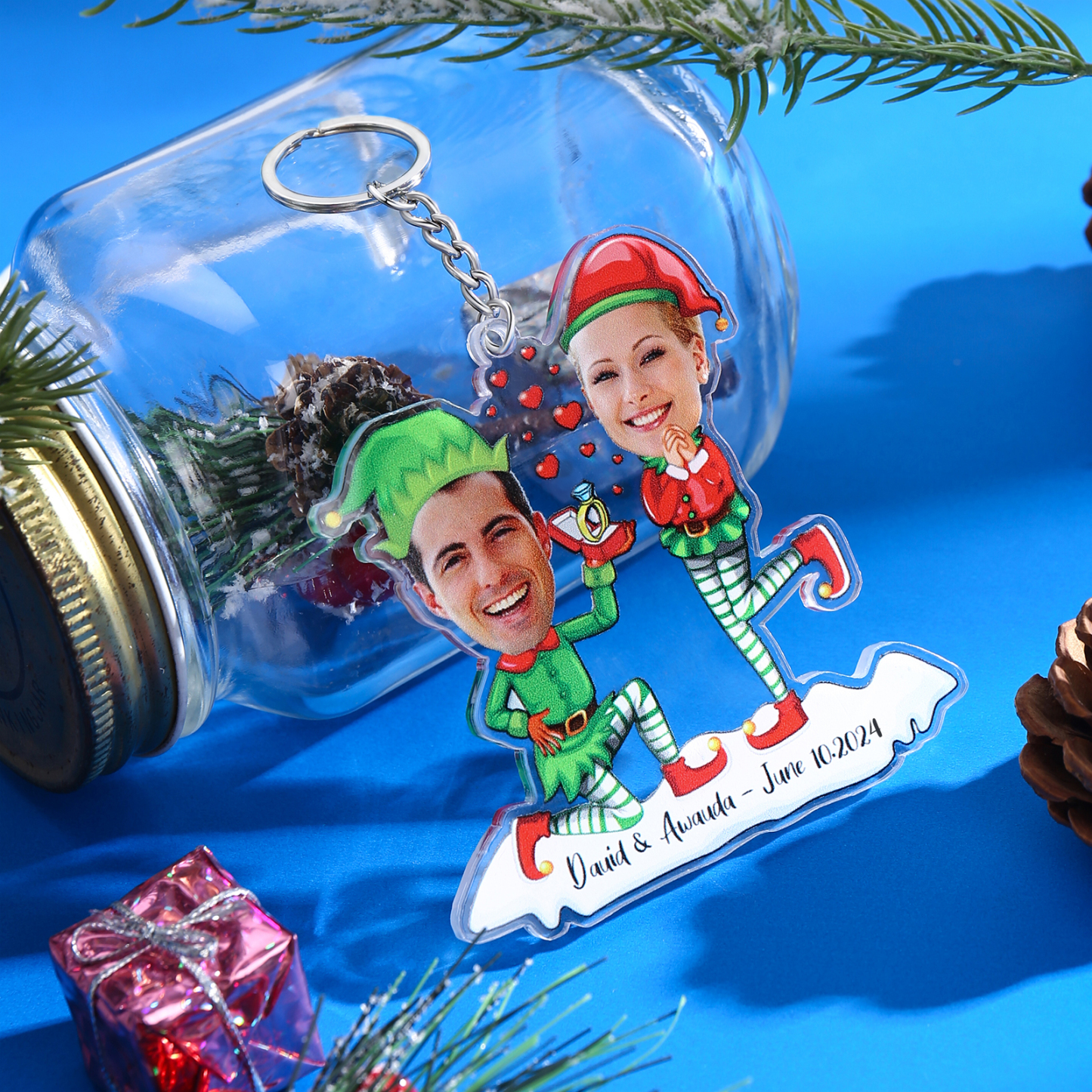 Acrylic Christmas Keychain Custom 2 Photos & 1 Text Hanging Ornaments Personalised Keyring for Couple | Jessemade-Jessemade AU