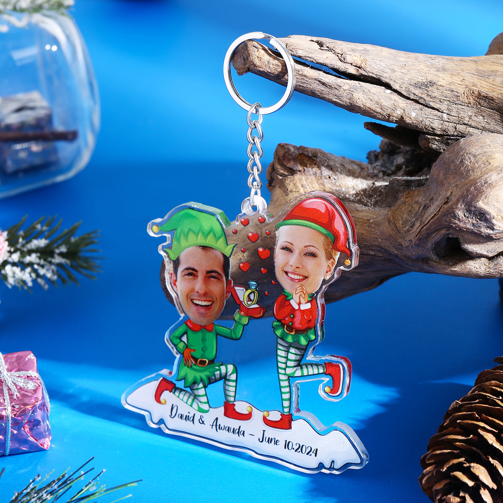 Acrylic Christmas Keychain Custom 2 Photos & 1 Text Hanging Ornaments Personalised Keyring for Couple | Jessemade-Jessemade AU
