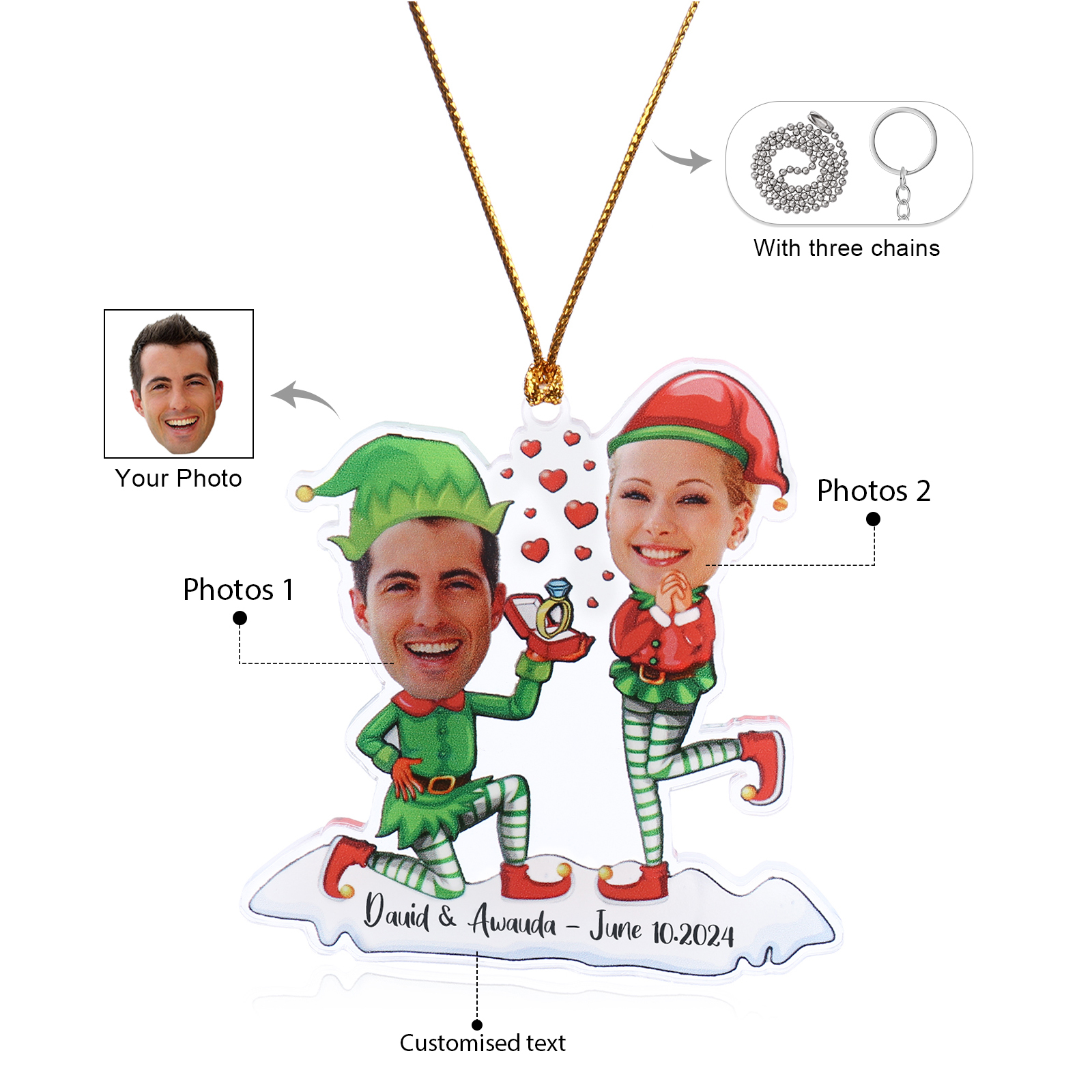 Acrylic Christmas Keychain Custom 2 Photos & 1 Text Hanging Ornaments Personalised Keyring for Couple | Jessemade-Jessemade AU