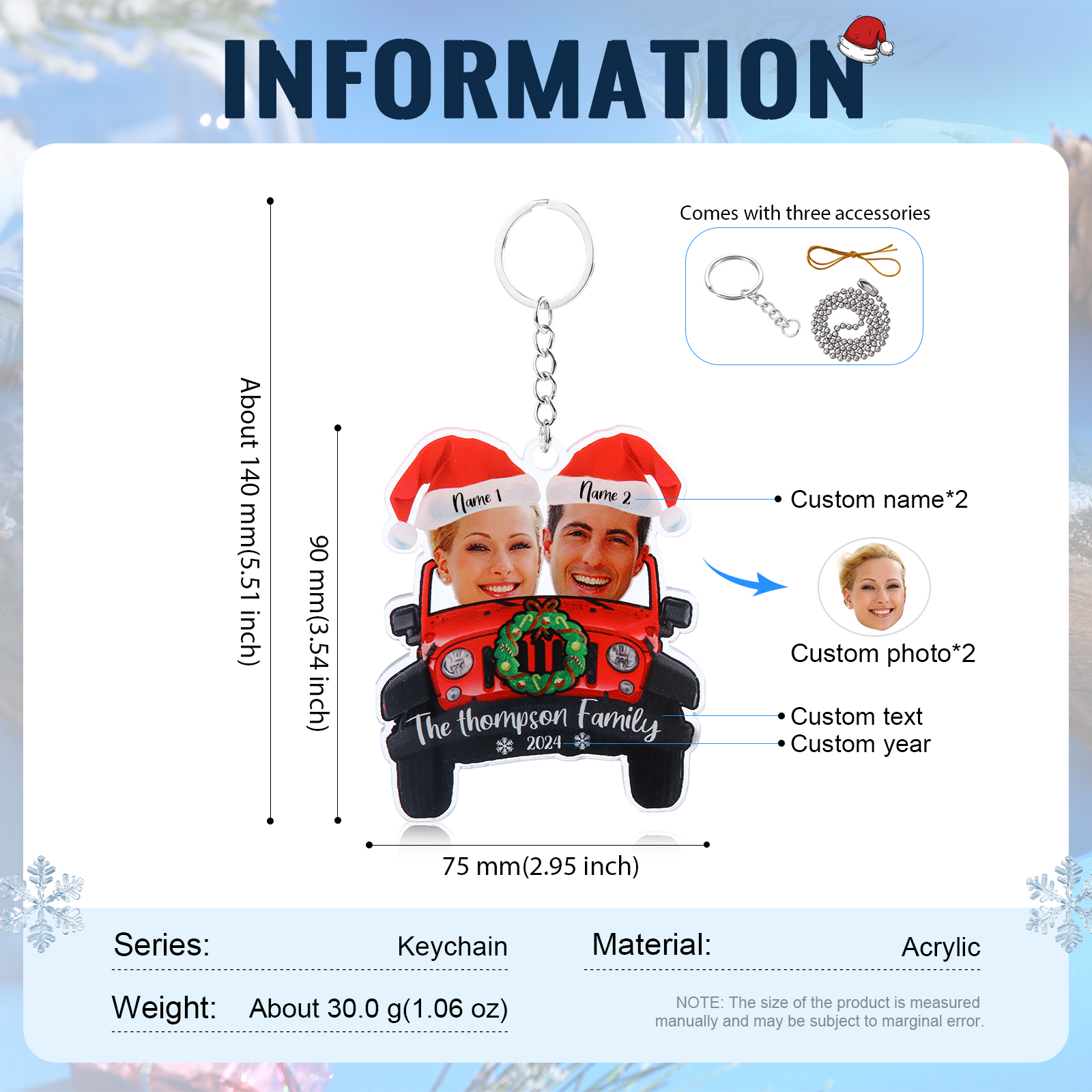 Acrylic Christmas Car Keychain Custom 2 Photos & 2 Names & 1 Text & 1 Year Hanging Ornaments Personalised Keyring for Couple | Jessemade-Jessemade AU