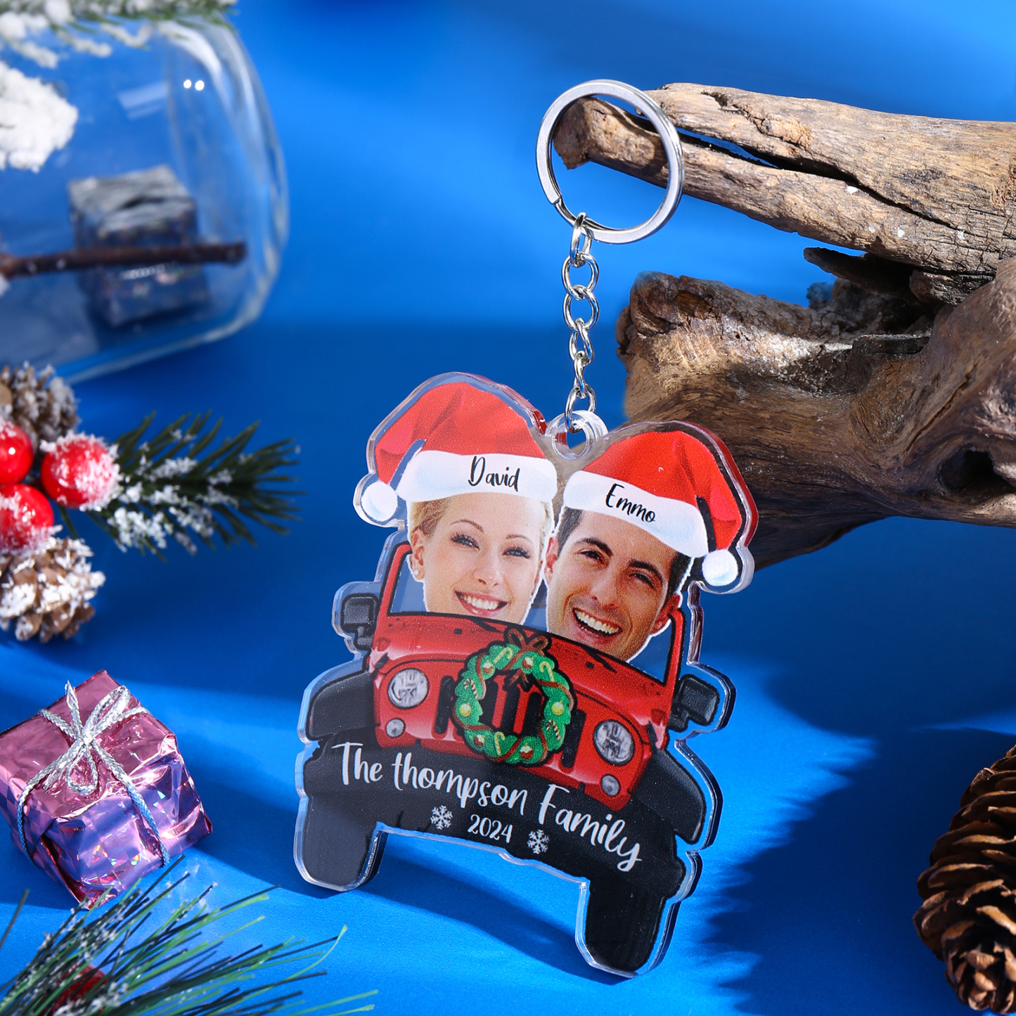 Acrylic Christmas Car Keychain Custom 2 Photos & 2 Names & 1 Text & 1 Year Hanging Ornaments Personalised Keyring for Couple | Jessemade-Jessemade AU