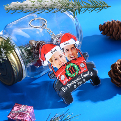 Acrylic Christmas Car Keychain Custom 2 Photos & 2 Names & 1 Text & 1 Year Hanging Ornaments Personalised Keyring for Couple | Jessemade-Jessemade AU