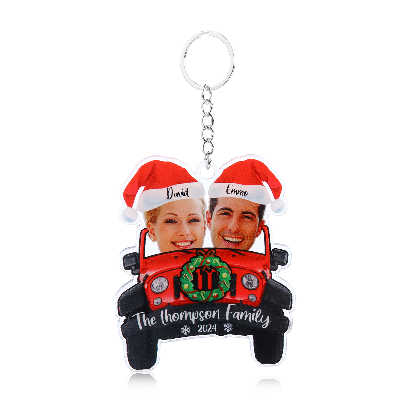 Acrylic Christmas Car Keychain Custom 2 Photos & 2 Names & 1 Text & 1 Year Hanging Ornaments Personalised Keyring for Couple | Jessemade-Jessemade AU