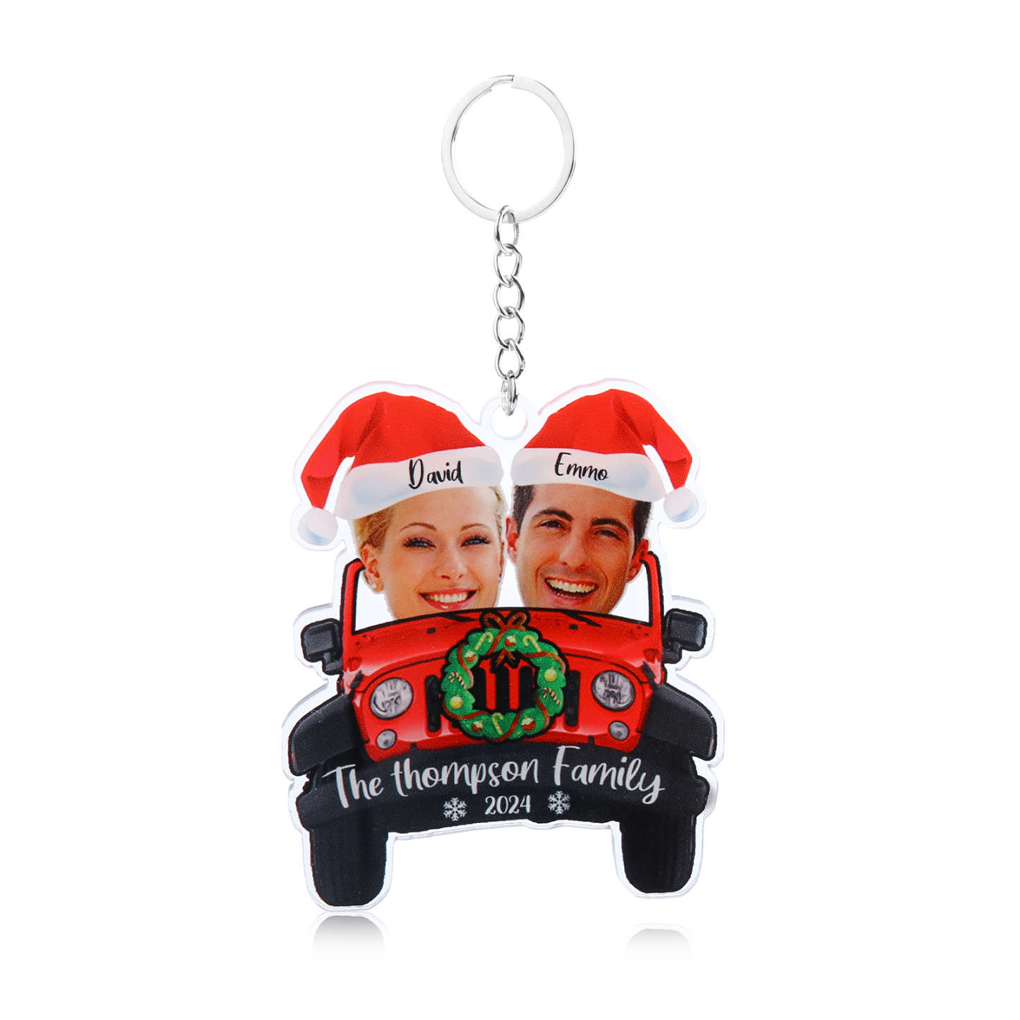 Acrylic Christmas Car Keychain Custom 2 Photos & 2 Names & 1 Text & 1 Year Hanging Ornaments Personalised Keyring for Couple | Jessemade-Jessemade AU