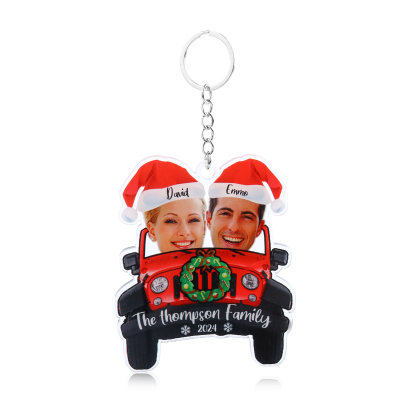 Acrylic Christmas Car Keychain Custom 2 Photos & 2 Names & 1 Text & 1 Year Hanging Ornaments Personalised Keyring for Couple | Jessemade-Jessemade AU