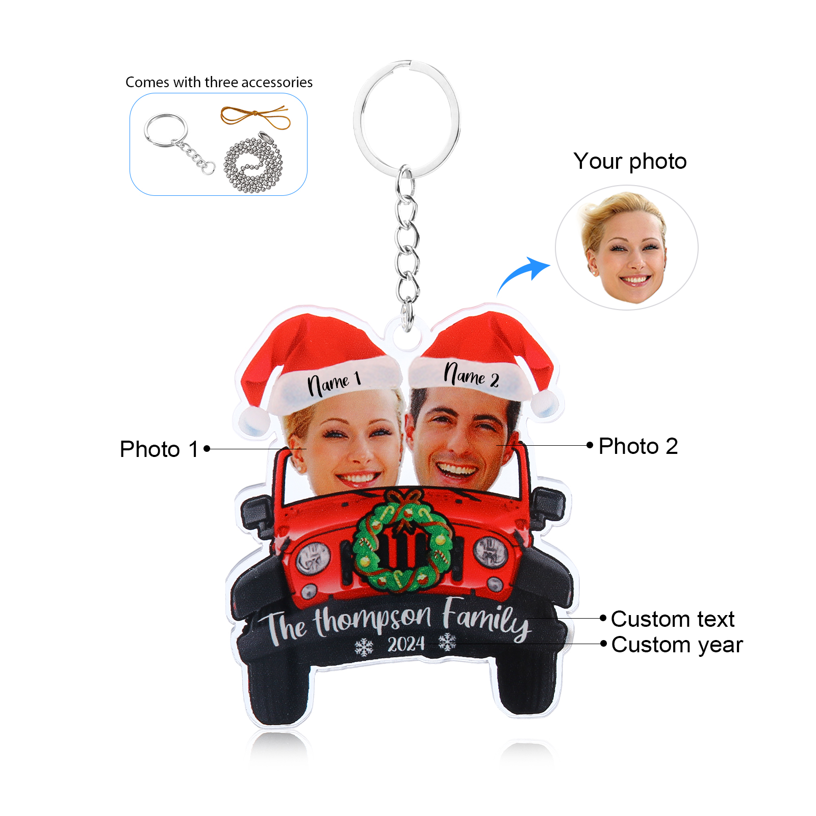 Acrylic Christmas Car Keychain Custom 2 Photos & 2 Names & 1 Text & 1 Year Hanging Ornaments Personalised Keyring for Couple | Jessemade-Jessemade AU