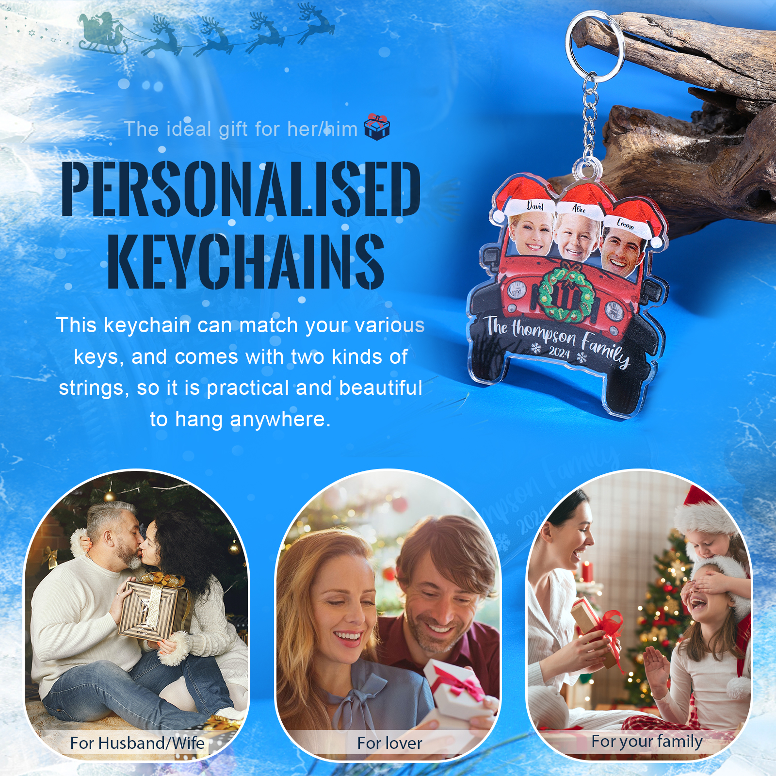 Acrylic Christmas Car Keychain Custom 3 Photos & 3 Names & 1 Text & 1 Year Hanging Ornaments Personalised Keyring for Family | Jessemade-Jessemade AU