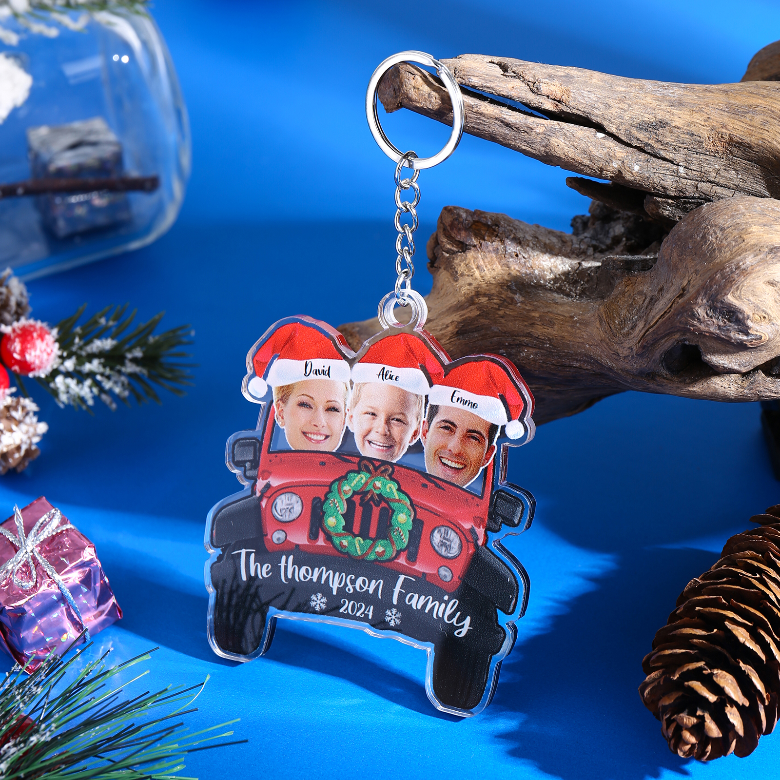 Acrylic Christmas Car Keychain Custom 3 Photos & 3 Names & 1 Text & 1 Year Hanging Ornaments Personalised Keyring for Family | Jessemade-Jessemade AU