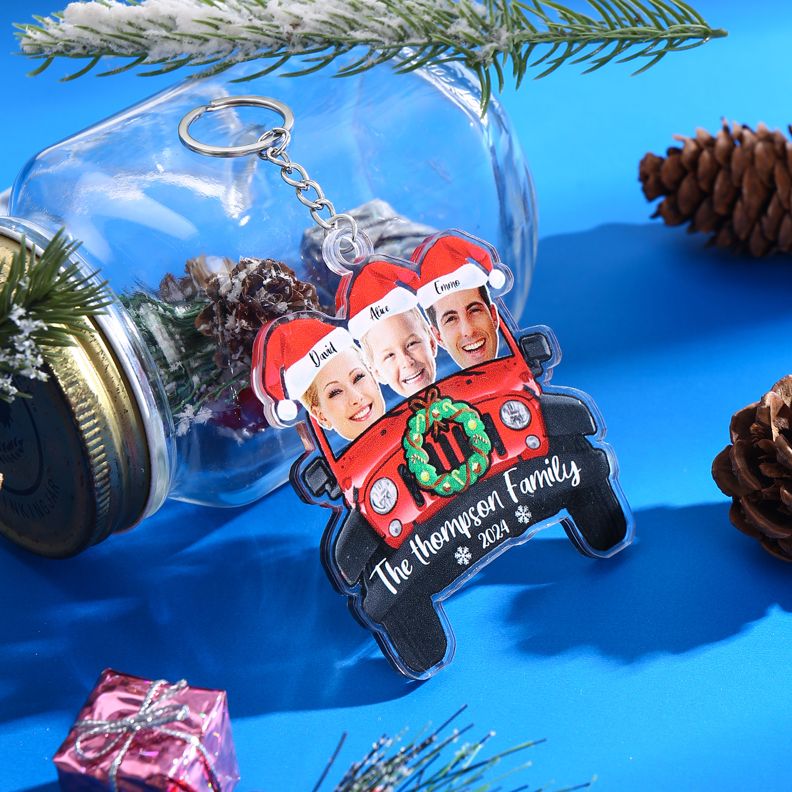 Acrylic Christmas Car Keychain Custom 3 Photos & 3 Names & 1 Text & 1 Year Hanging Ornaments Personalised Keyring for Family | Jessemade-Jessemade AU