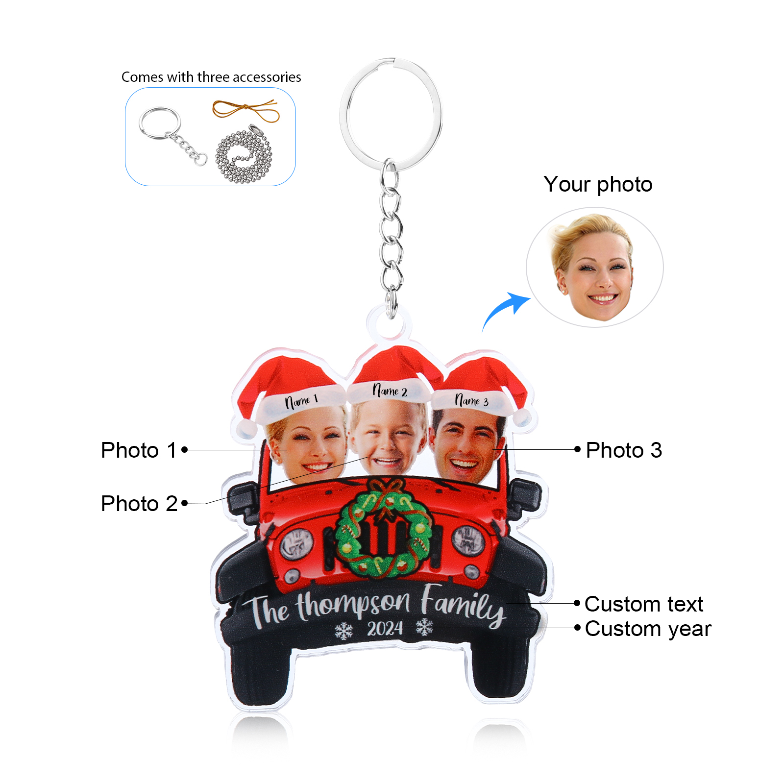 Acrylic Christmas Car Keychain Custom 3 Photos & 3 Names & 1 Text & 1 Year Hanging Ornaments Personalised Keyring for Family | Jessemade-Jessemade AU