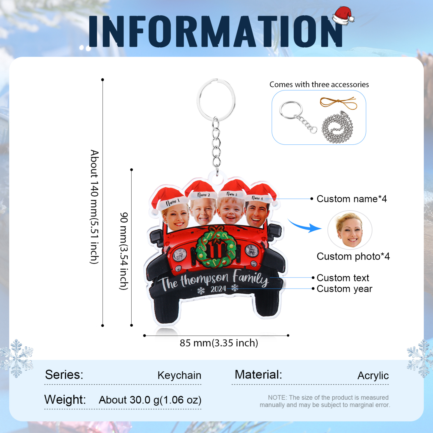 Acrylic Christmas Car Keychain Custom 4 Photos & 4 Names & 1 Text & 1 Year Hanging Ornaments Personalised Keyring for Family | Jessemade-Jessemade AU