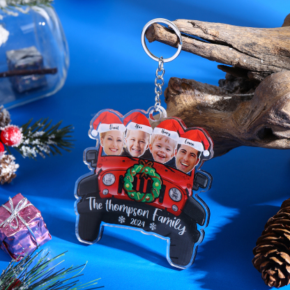 Acrylic Christmas Car Keychain Custom 4 Photos & 4 Names & 1 Text & 1 Year Hanging Ornaments Personalised Keyring for Family | Jessemade-Jessemade AU