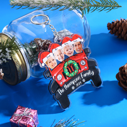 Acrylic Christmas Car Keychain Custom 4 Photos & 4 Names & 1 Text & 1 Year Hanging Ornaments Personalised Keyring for Family | Jessemade-Jessemade AU