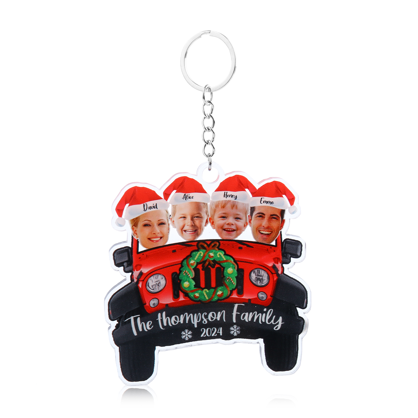Acrylic Christmas Car Keychain Custom 4 Photos & 4 Names & 1 Text & 1 Year Hanging Ornaments Personalised Keyring for Couple | Jessemade