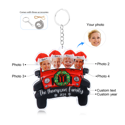 Acrylic Christmas Car Keychain Custom 4 Photos & 4 Names & 1 Text & 1 Year Hanging Ornaments Personalised Keyring for Family | Jessemade-Jessemade AU