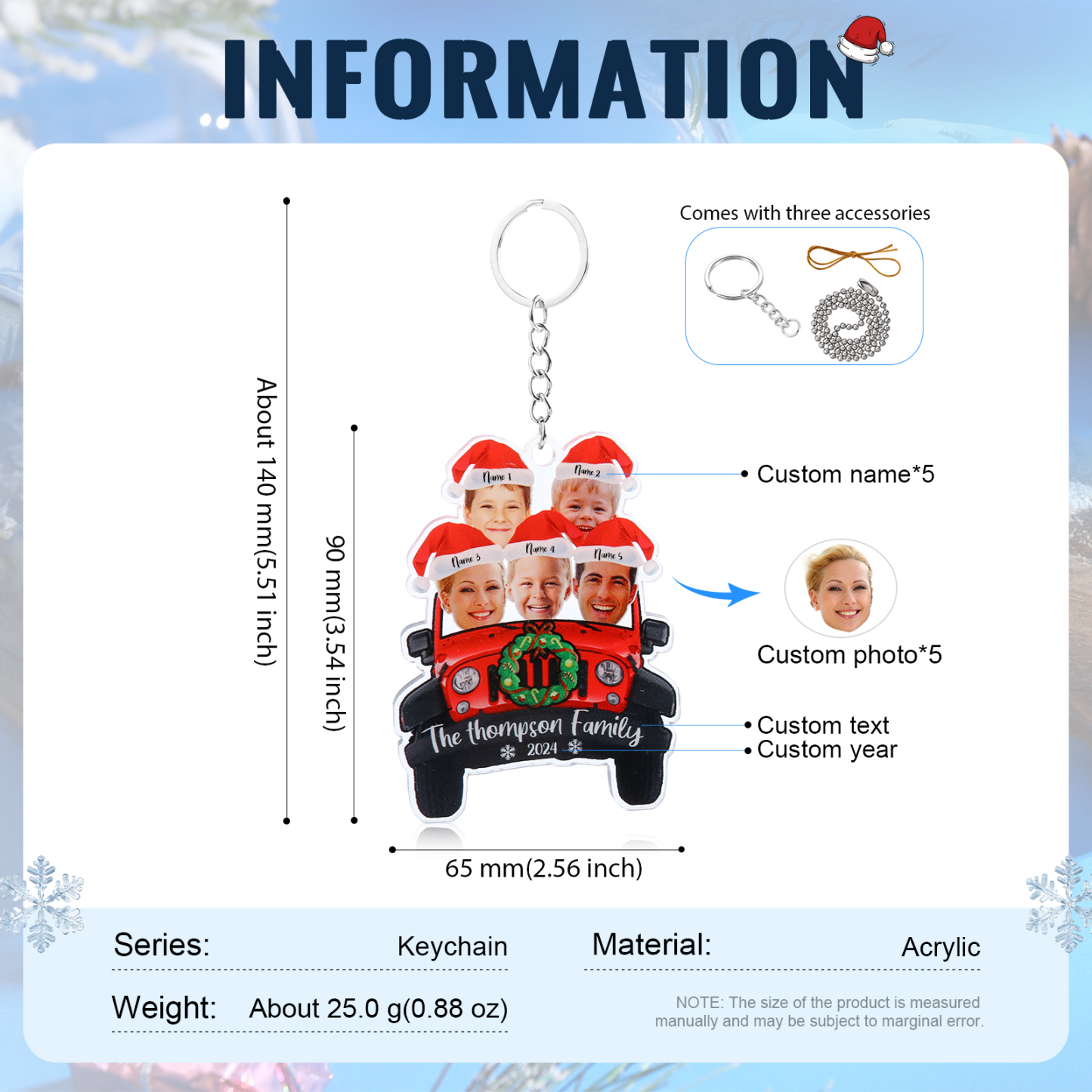 Acrylic Christmas Car Keychain Custom 5 Photos & 5 Names & 1 Text & 1 Year Hanging Ornaments Personalised Keyring for Family | Jessemade-Jessemade AU