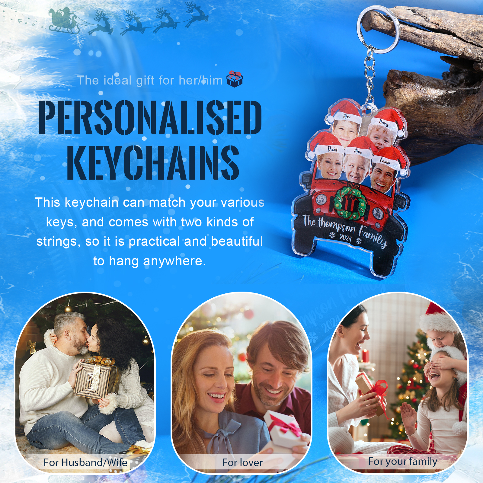 Acrylic Christmas Car Keychain Custom 5 Photos & 5 Names & 1 Text & 1 Year Hanging Ornaments Personalised Keyring for Family | Jessemade-Jessemade AU