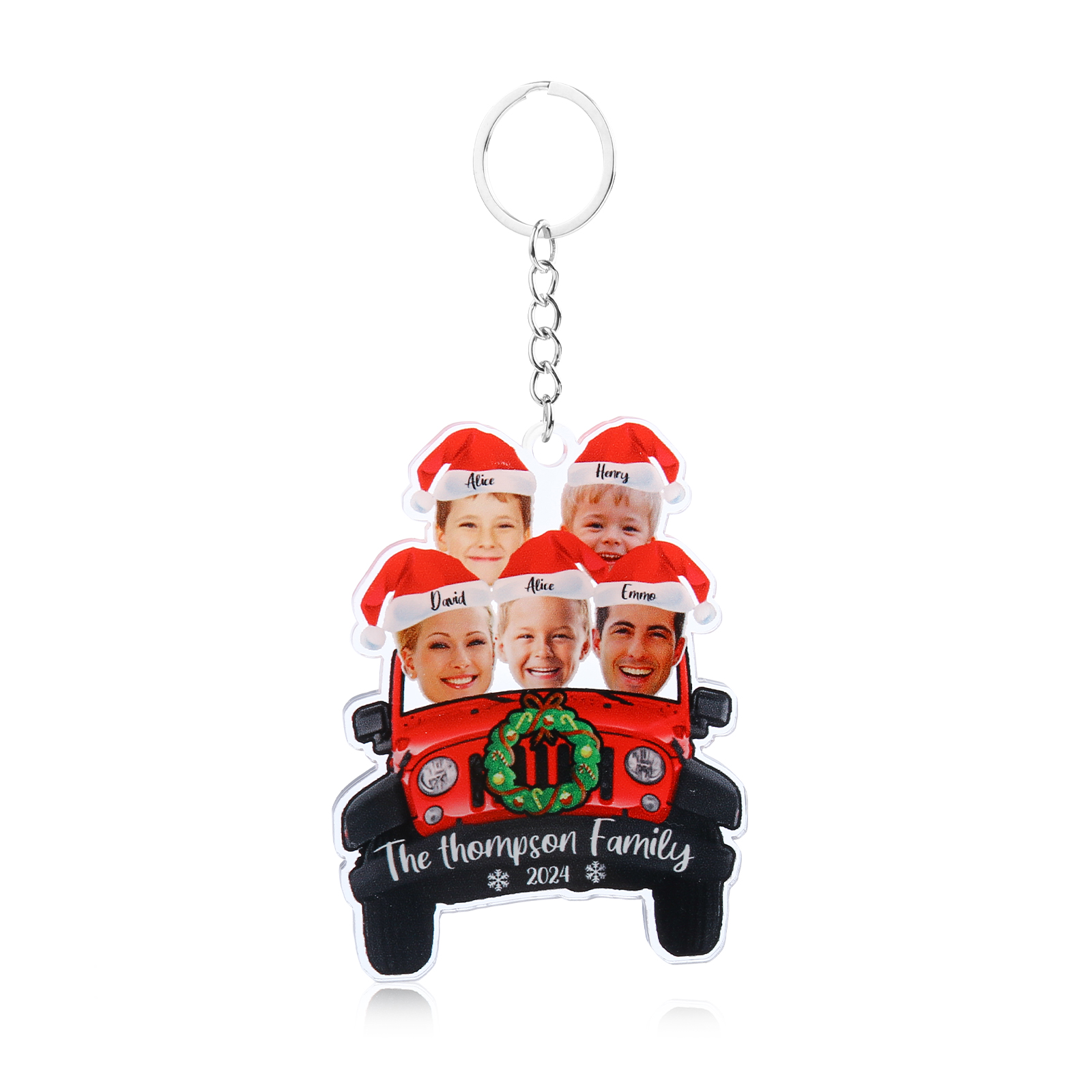 Acrylic Christmas Car Keychain Custom 5 Photos & 5 Names & 1 Text & 1 Year Hanging Ornaments Personalised Keyring for Family | Jessemade-Jessemade AU