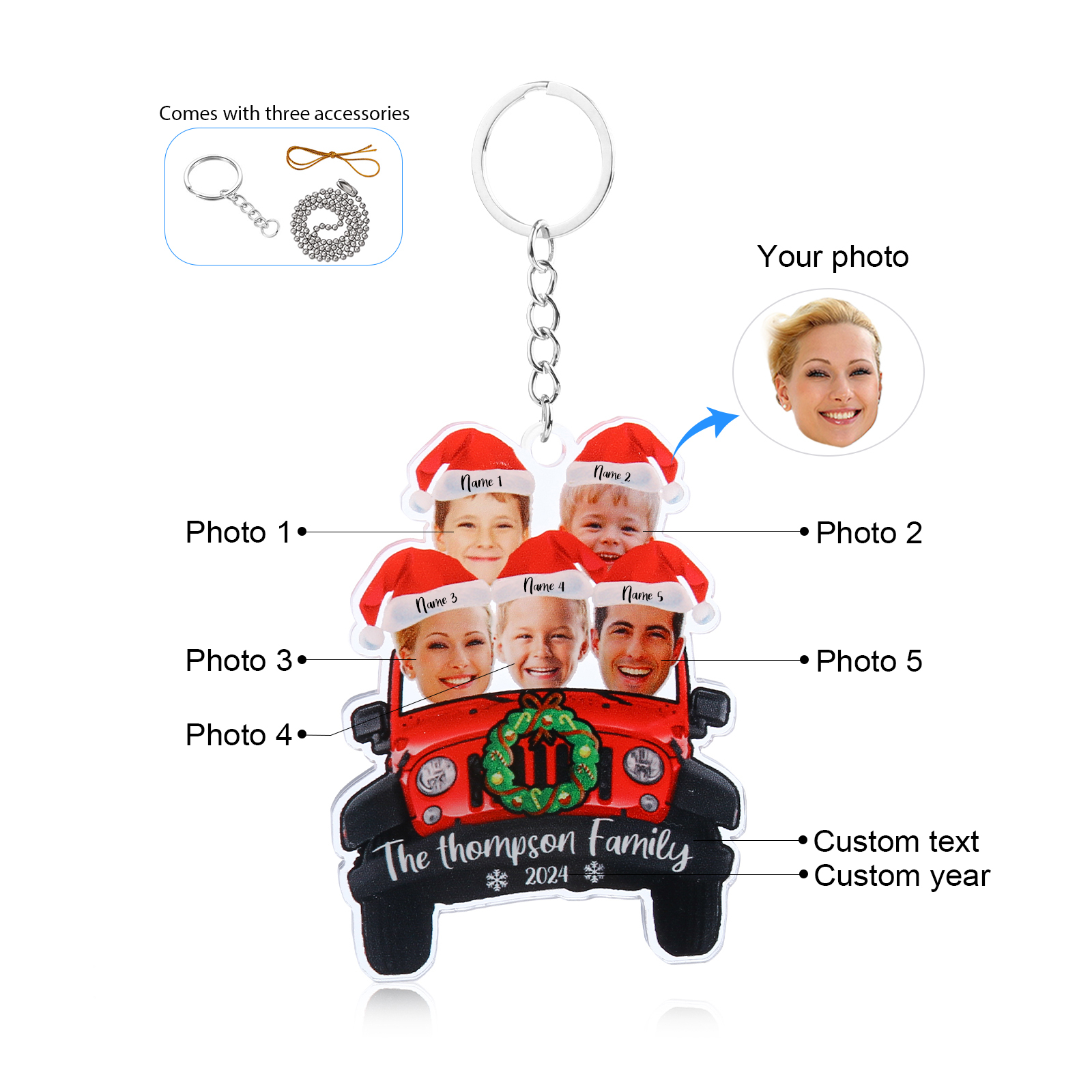 Acrylic Christmas Car Keychain Custom 5 Photos & 5 Names & 1 Text & 1 Year Hanging Ornaments Personalised Keyring for Family | Jessemade-Jessemade AU