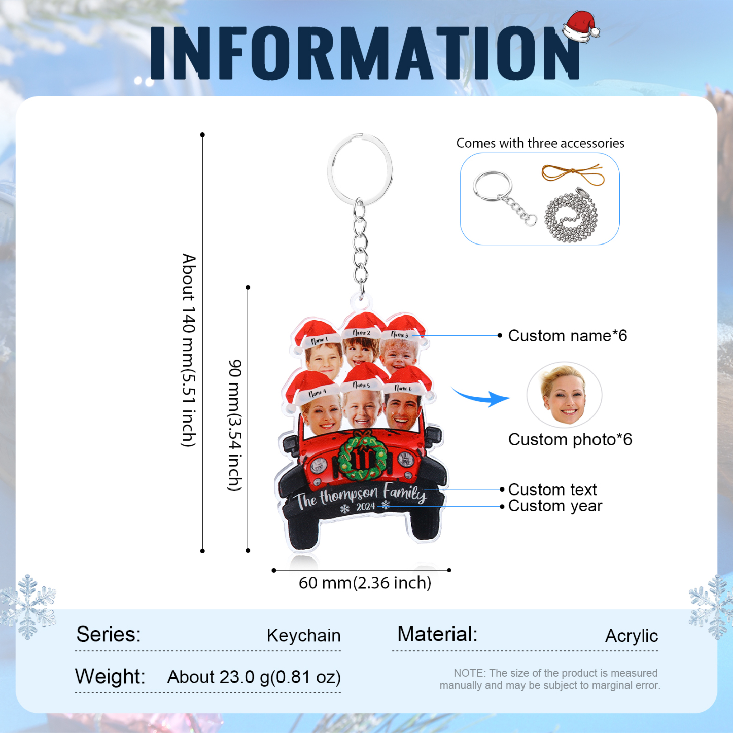 Acrylic Christmas Car Keychain Custom 6 Photos & 6 Names & 1 Text & 1 Year Hanging Ornaments Personalised Keyring for Family | Jessemade-Jessemade AU