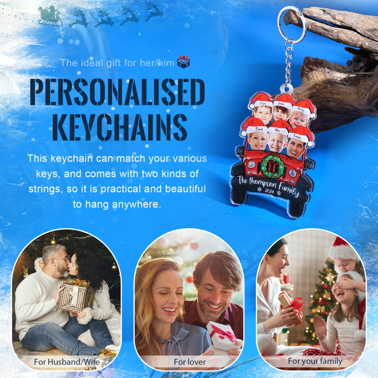 Acrylic Christmas Car Keychain Custom 6 Photos & 6 Names & 1 Text & 1 Year Hanging Ornaments Personalised Keyring for Family | Jessemade-Jessemade AU