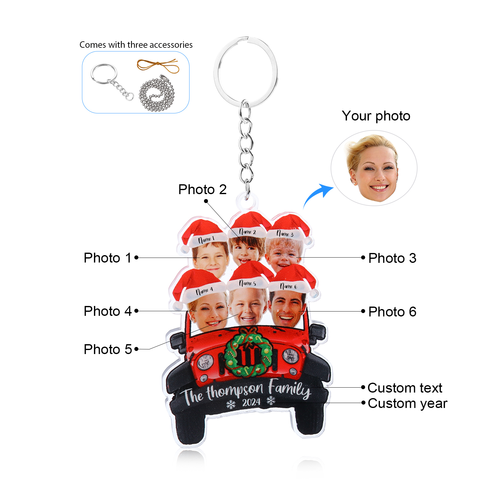 Acrylic Christmas Car Keychain Custom 6 Photos & 6 Names & 1 Text & 1 Year Hanging Ornaments Personalised Keyring for Family | Jessemade-Jessemade AU