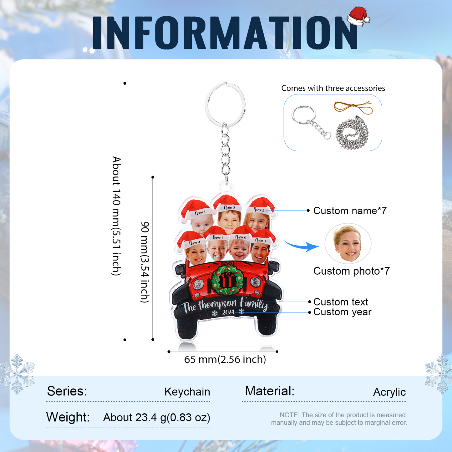 Acrylic Christmas Car Keychain Custom 7 Photos & 7 Names & 1 Text & 1 Year Hanging Ornaments Personalised Keyring for Family | Jessemade-Jessemade AU
