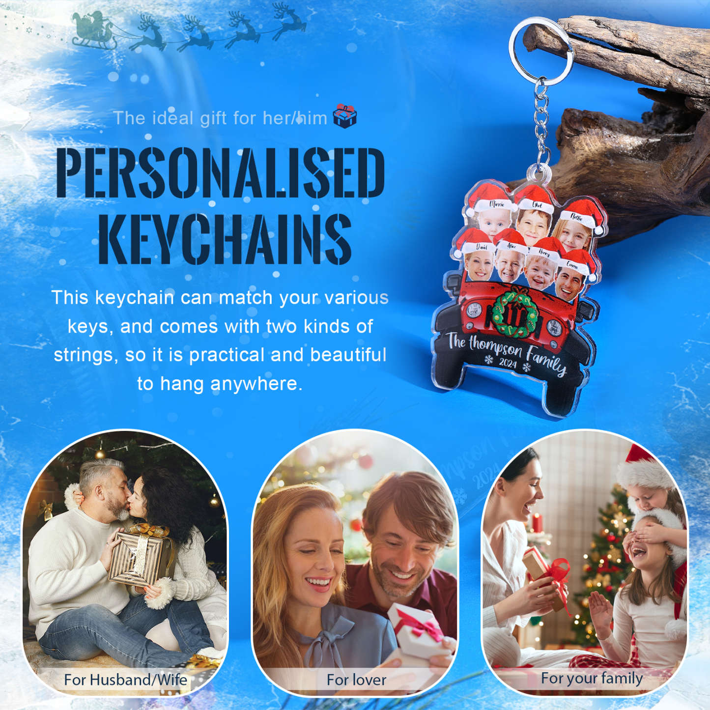 Acrylic Christmas Car Keychain Custom 7 Photos & 7 Names & 1 Text & 1 Year Hanging Ornaments Personalised Keyring for Family | Jessemade-Jessemade AU