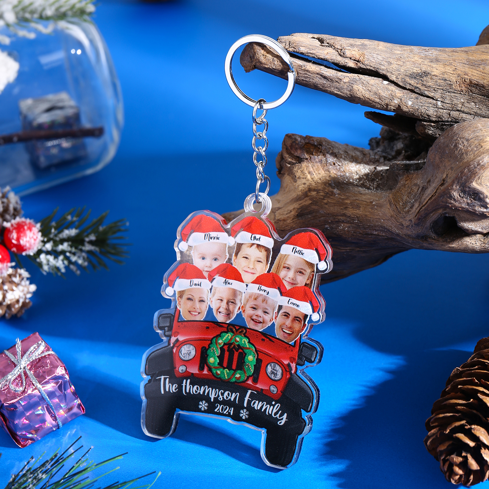 Acrylic Christmas Car Keychain Custom 7 Photos & 7 Names & 1 Text & 1 Year Hanging Ornaments Personalised Keyring for Family | Jessemade-Jessemade AU