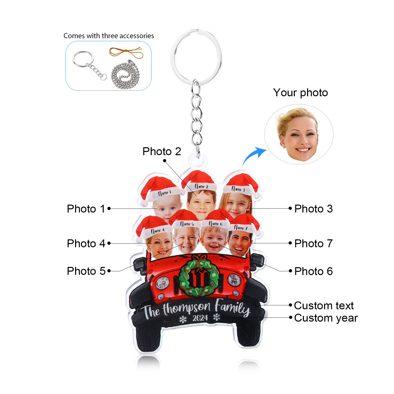 Acrylic Christmas Car Keychain Custom 7 Photos & 7 Names & 1 Text & 1 Year Hanging Ornaments Personalised Keyring for Family | Jessemade-Jessemade AU