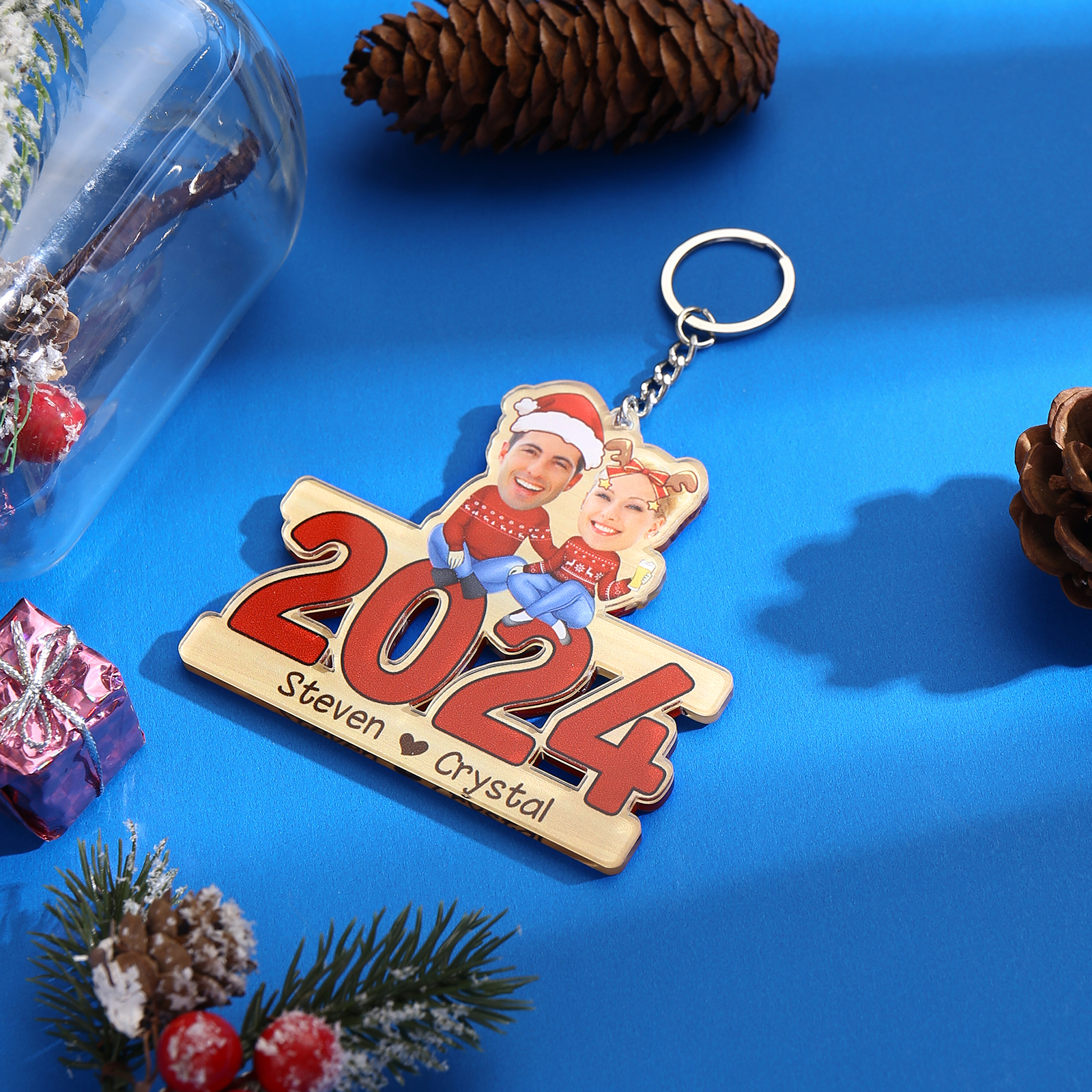 2024 Acrylic Christmas Hanging Ornaments Custom 2 Names & 2 Photos & Year Keychain Personalised Keyring for Couple-Jessemade AU