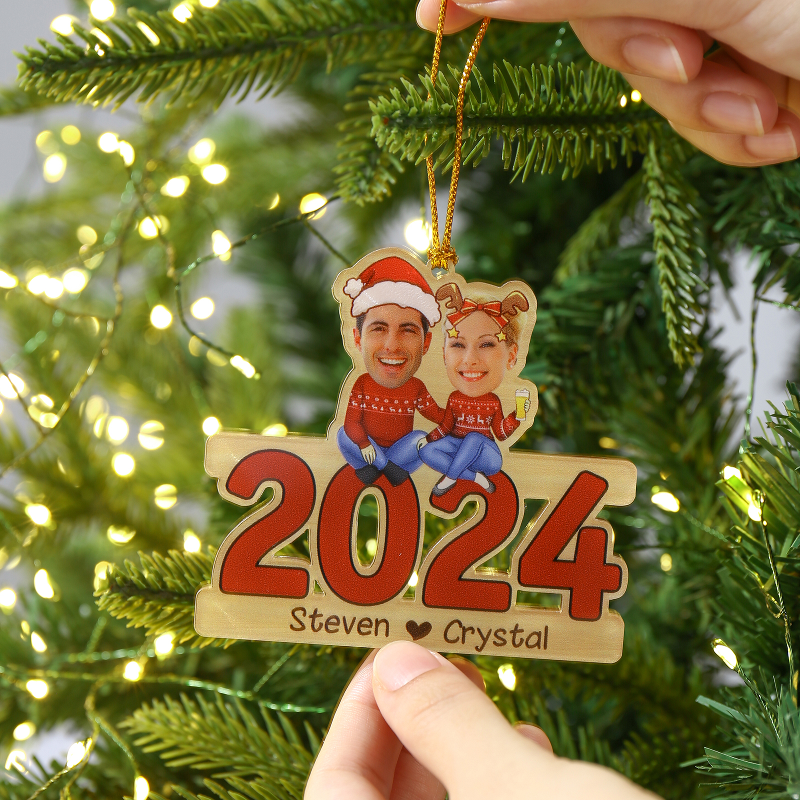 2024 Acrylic Christmas Hanging Ornaments Custom 2 Names & 2 Photos & Year Keychain Personalised Keyring for Couple