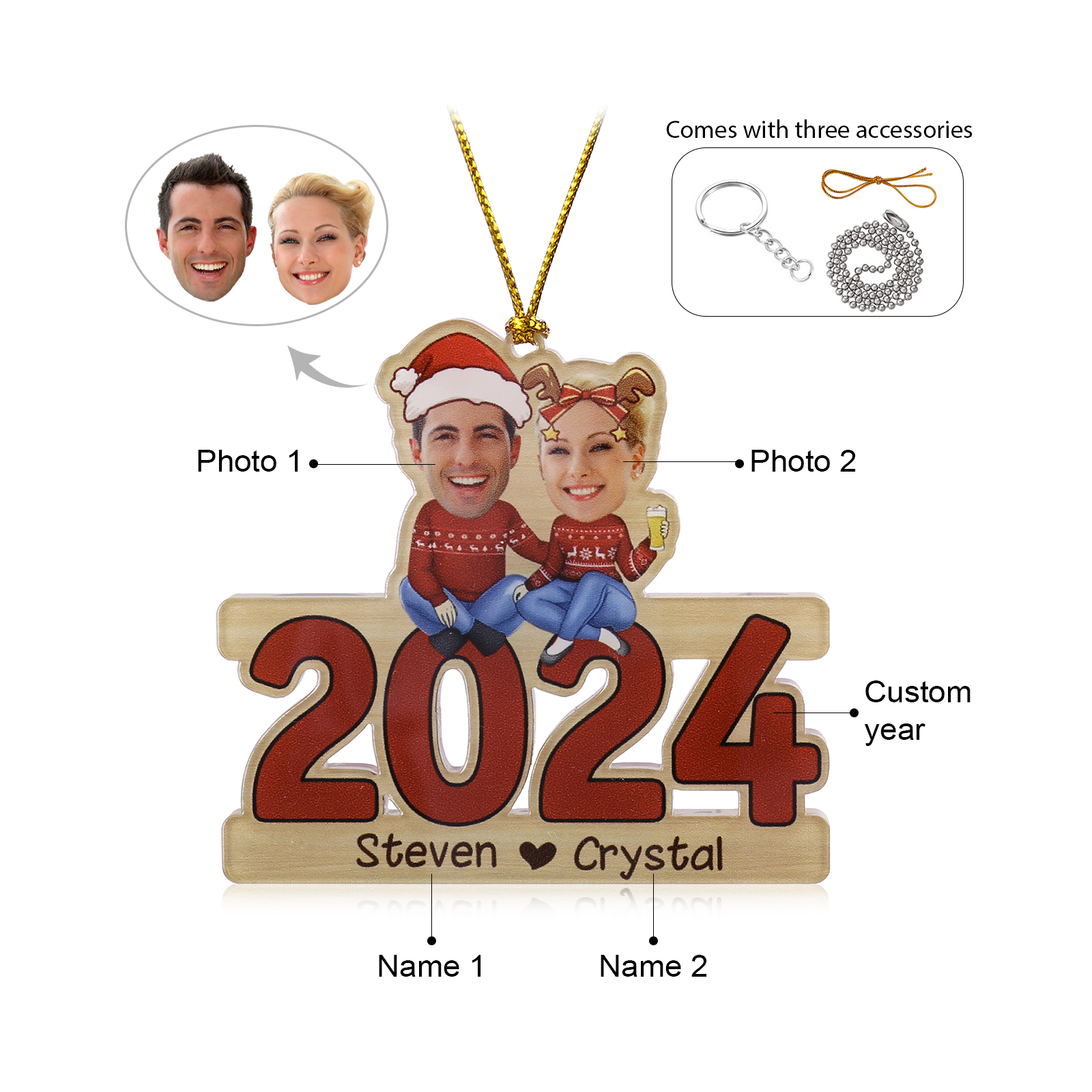 2024 Acrylic Christmas Hanging Ornaments Custom 2 Names & 2 Photos & Year Keychain Personalised Keyring for Couple