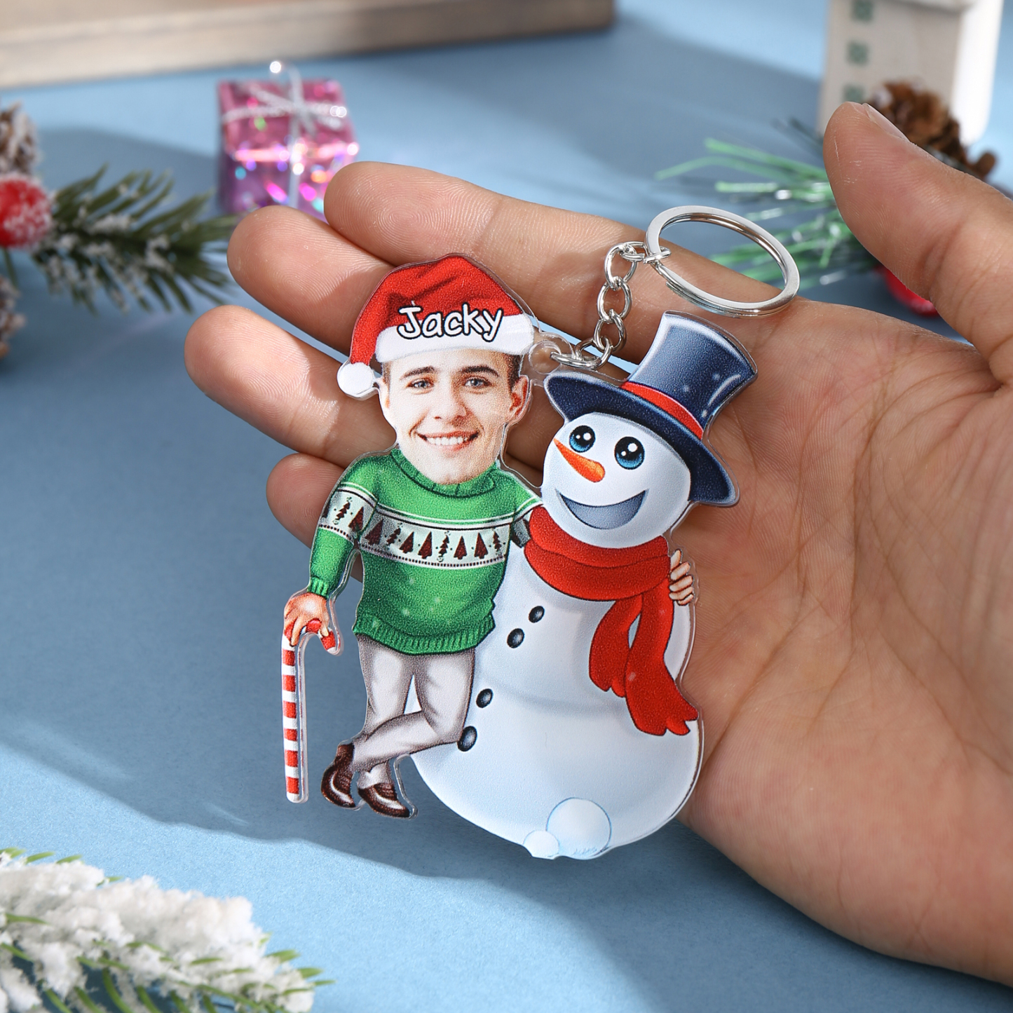 Acrylic Christmas Snowman Keychain Custom Photo & Name Hanging Ornaments Personalised Keyring for Family Friends | Jessemade-Jessemade AU
