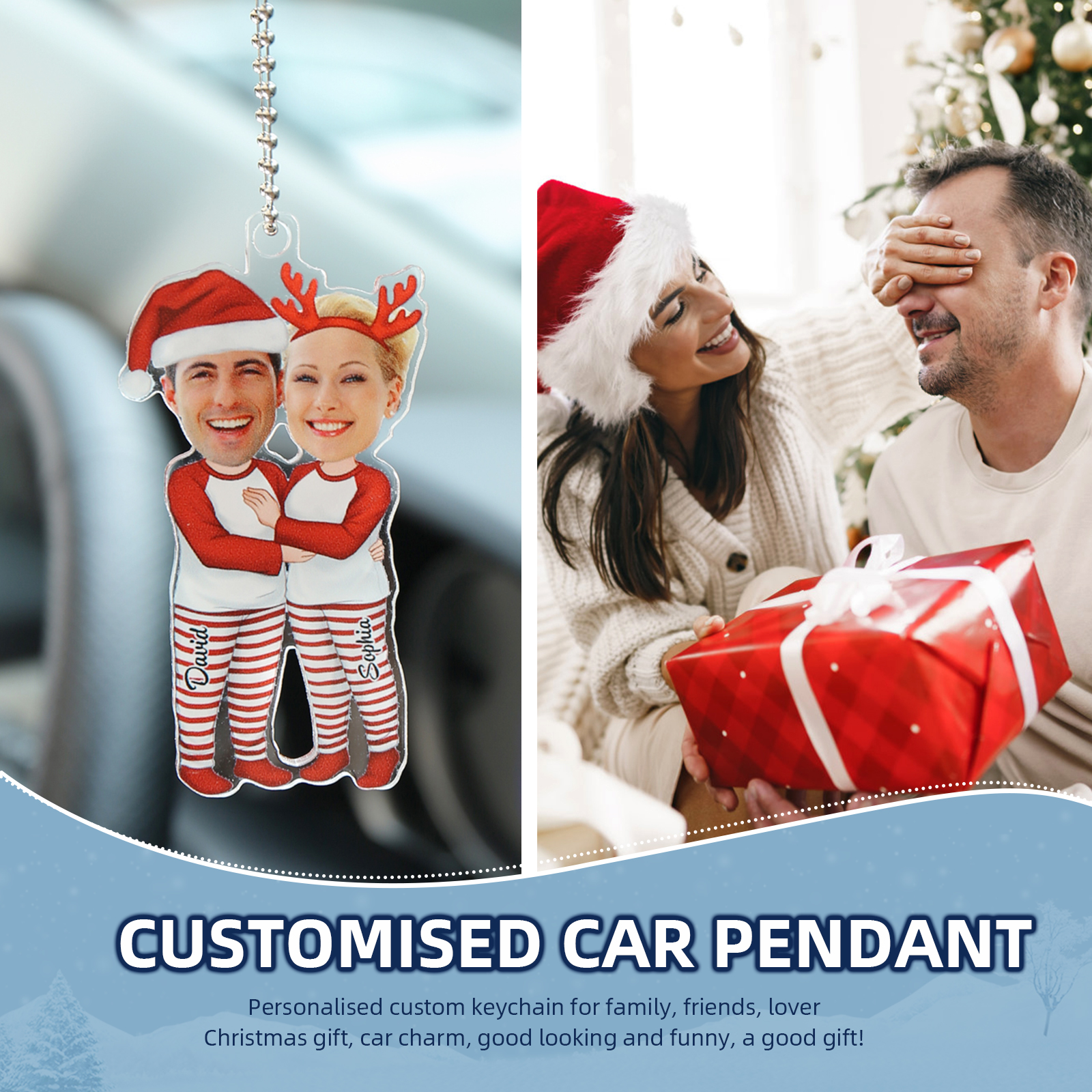 Acrylic Christmas Keychain Custom 2 Photos & 2 Names Hanging Ornaments Personalised Keyring for Couple | Jessemade-Jessemade AU