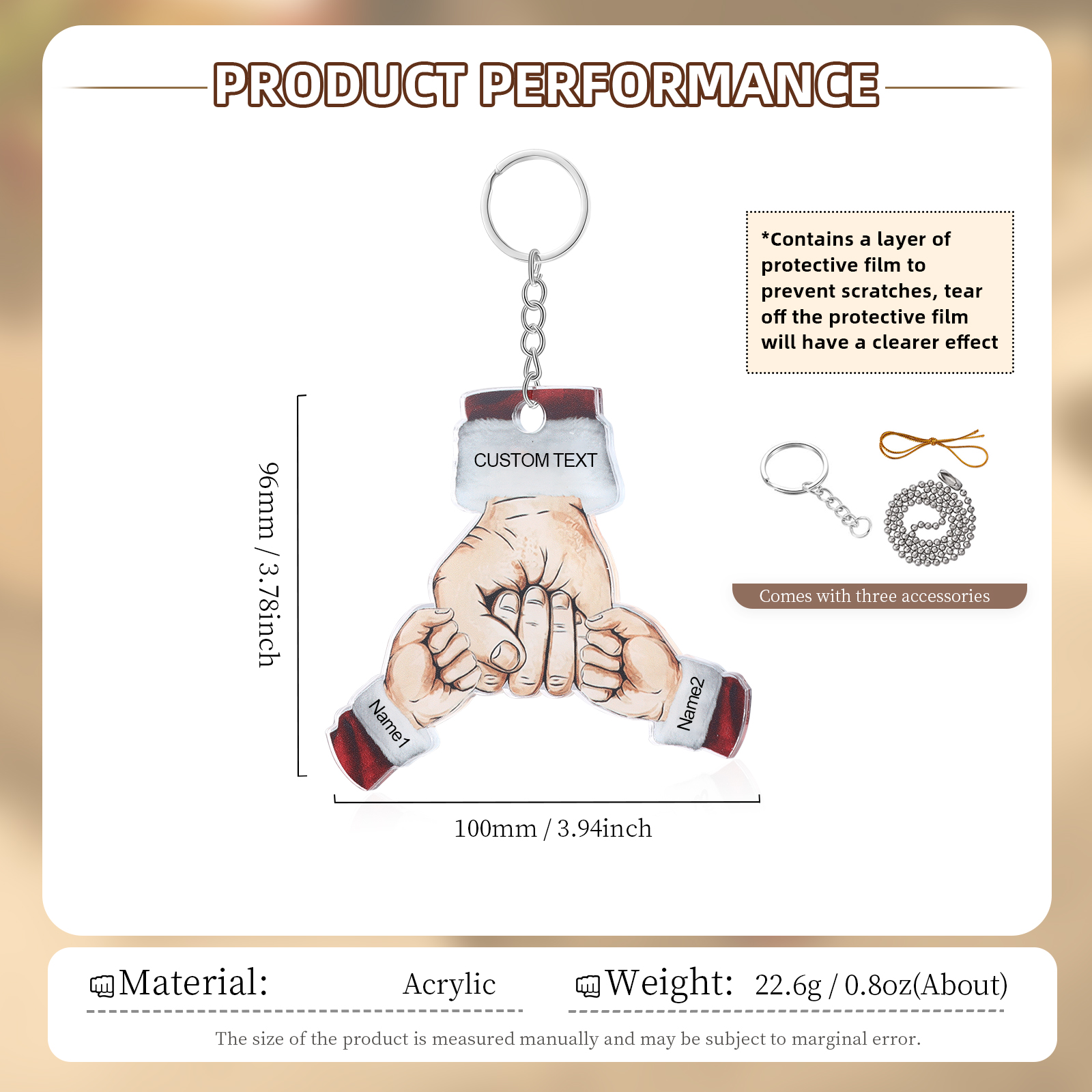 Acrylic Fist Bump Keychain Custom 2 Names & 1 Text Hanging Ornaments Personalised Christmas Keyring for Dad/Grandpa-Jessemade AU