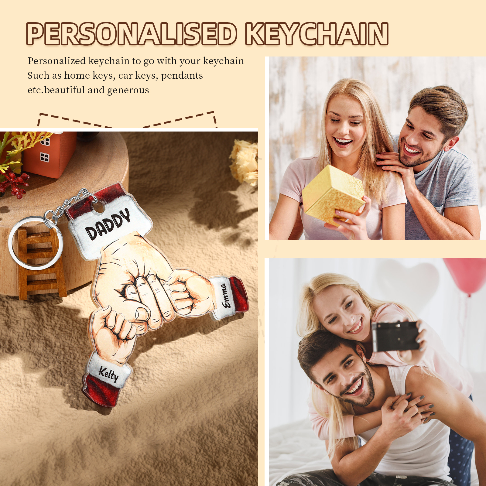 Acrylic Fist Bump Keychain Custom 2 Names & 1 Text Hanging Ornaments Personalised Christmas Keyring for Dad/Grandpa-Jessemade AU