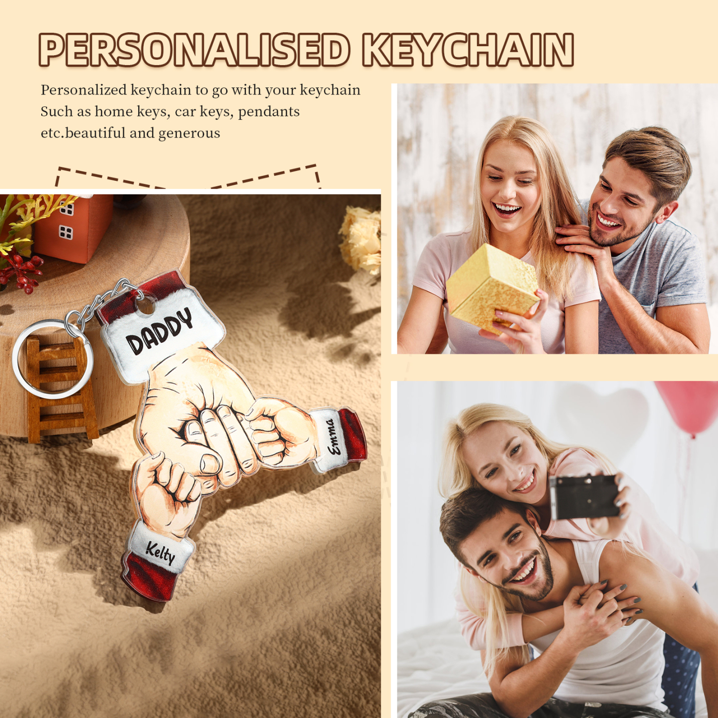 Acrylic Fist Bump Keychain Custom 2 Names & 1 Text Hanging Ornaments Personalised Christmas Keyring for Dad/Grandpa-Jessemade AU