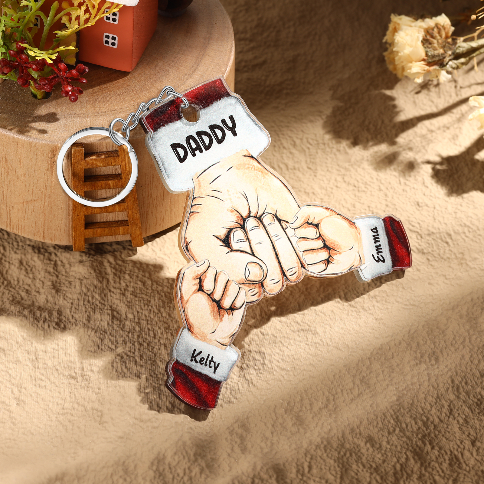 Acrylic Fist Bump Keychain Custom 2 Names & 1 Text Hanging Ornaments Personalised Christmas Keyring for Dad/Grandpa-Jessemade AU