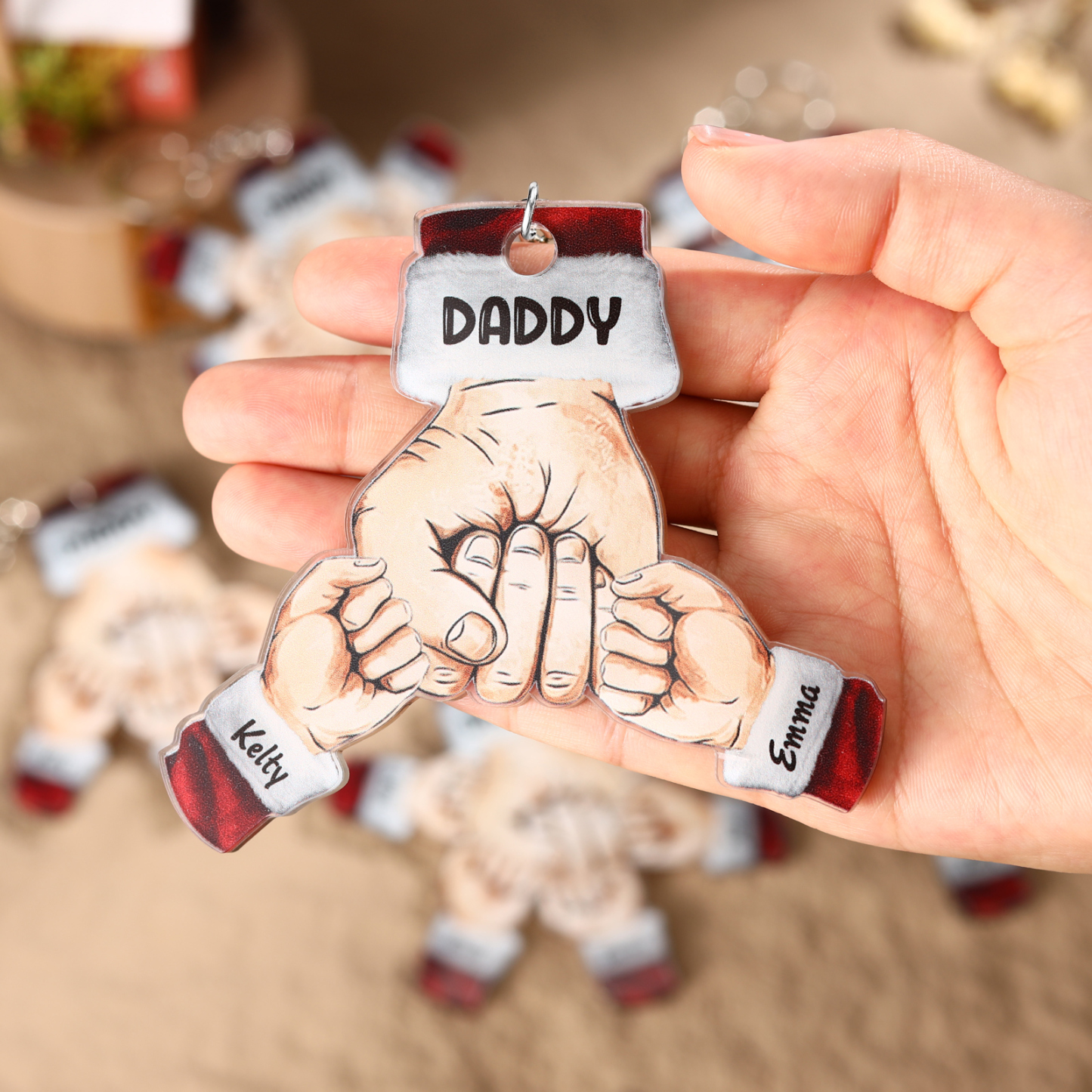 Acrylic Fist Bump Keychain Custom 2 Names & 1 Text Hanging Ornaments Personalised Christmas Keyring for Dad/Grandpa-Jessemade AU