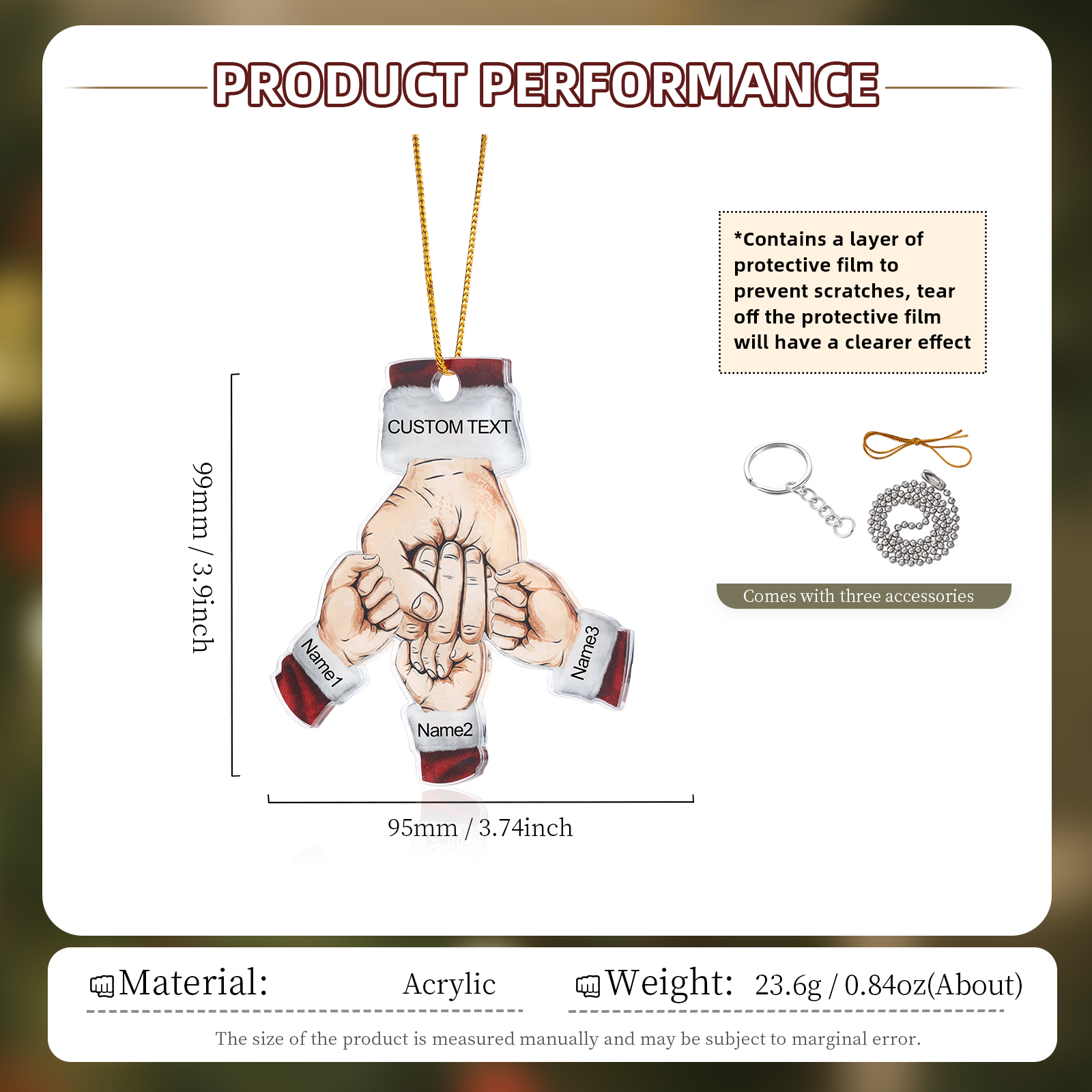 Acrylic Fist Bump Keychain Custom 3 Names & 1 Text Hanging Ornaments Personalised Christmas Keyring for Dad/Grandpa-Jessemade AU