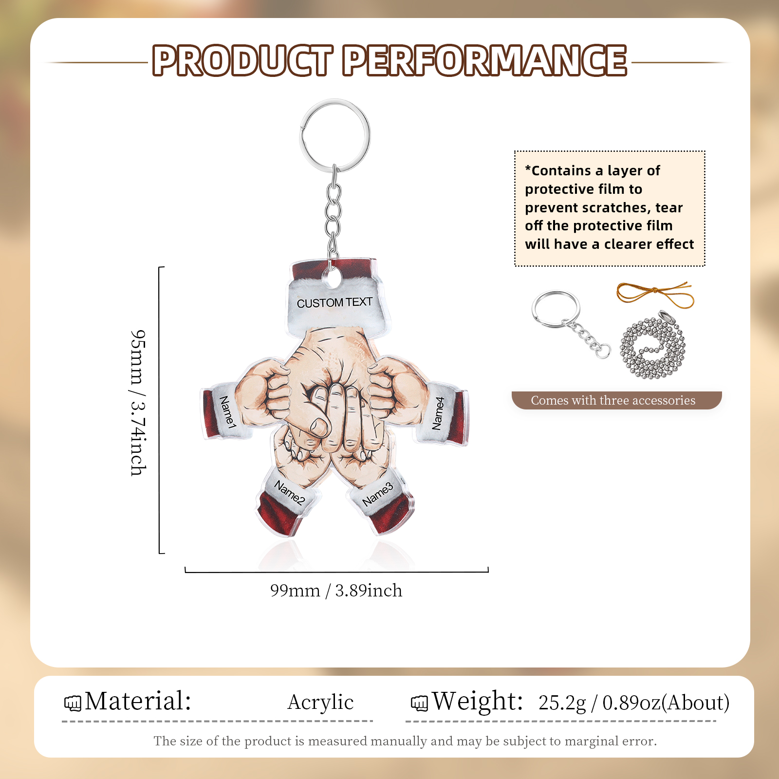 Acrylic Fist Bump Keychain Custom 4 Names & 1 Text Hanging Ornaments Personalised Christmas Keyring for Dad/Grandpa-Jessemade AU