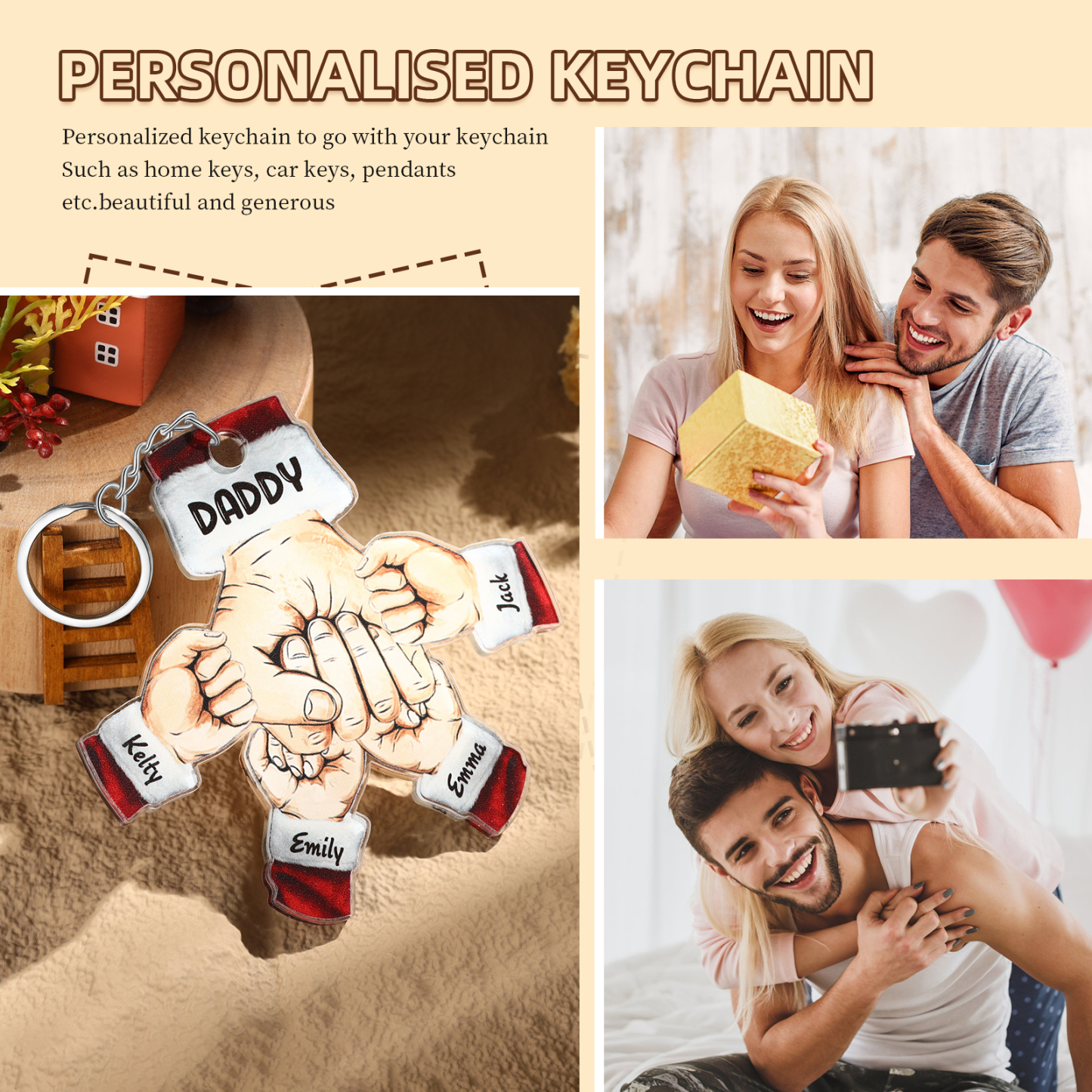 Acrylic Fist Bump Keychain Custom 4 Names & 1 Text Hanging Ornaments Personalised Christmas Keyring for Dad/Grandpa-Jessemade AU