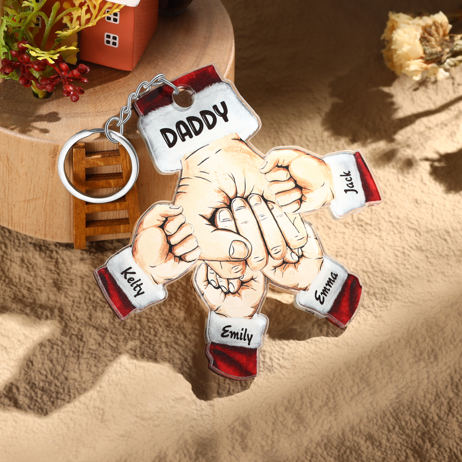 Acrylic Fist Bump Keychain Custom 4 Names & 1 Text Hanging Ornaments Personalised Christmas Keyring for Dad/Grandpa-Jessemade AU